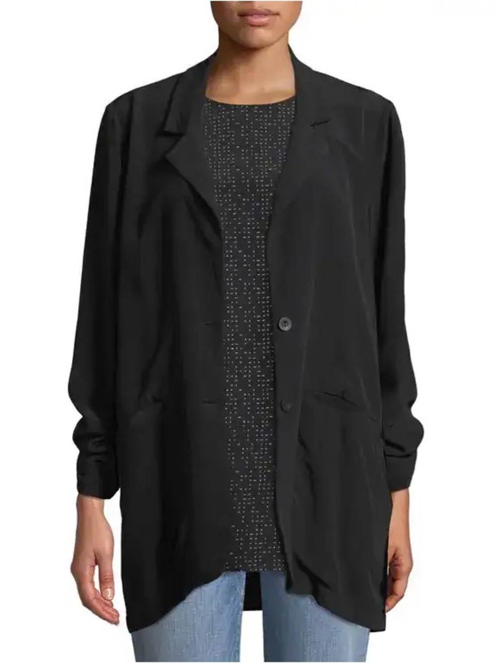 EILEEN FISHER Long Crepe Two-Button Blazer Womens Size L